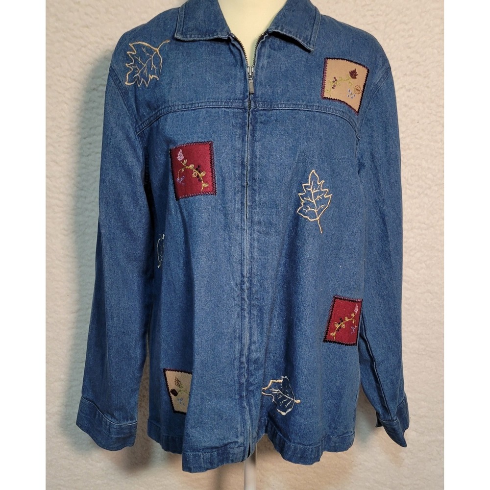 North Crest Womens Denim Shirt Jacket Sz 2X (18W/20W) Zip-Up Floral Vintage 1722